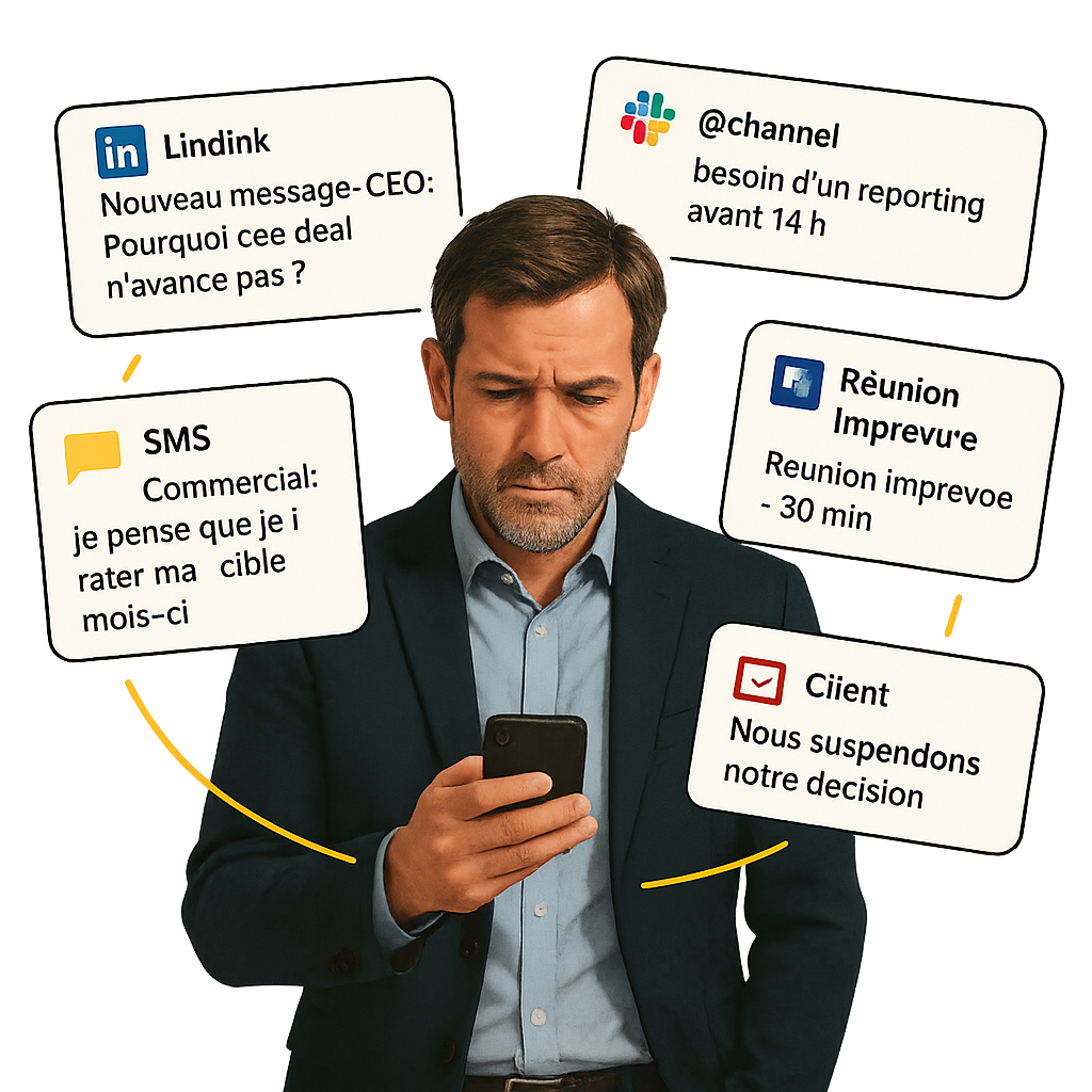 Dirigeant stressé par les notifications commerciales